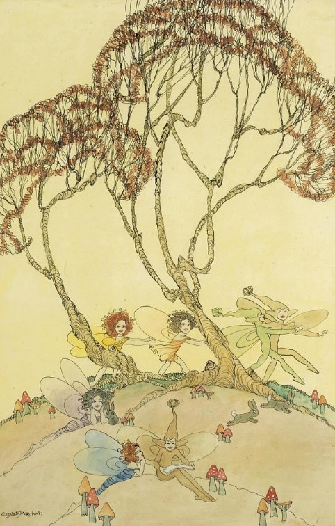 Illustration of small sprite and fairies around two trees on a hill